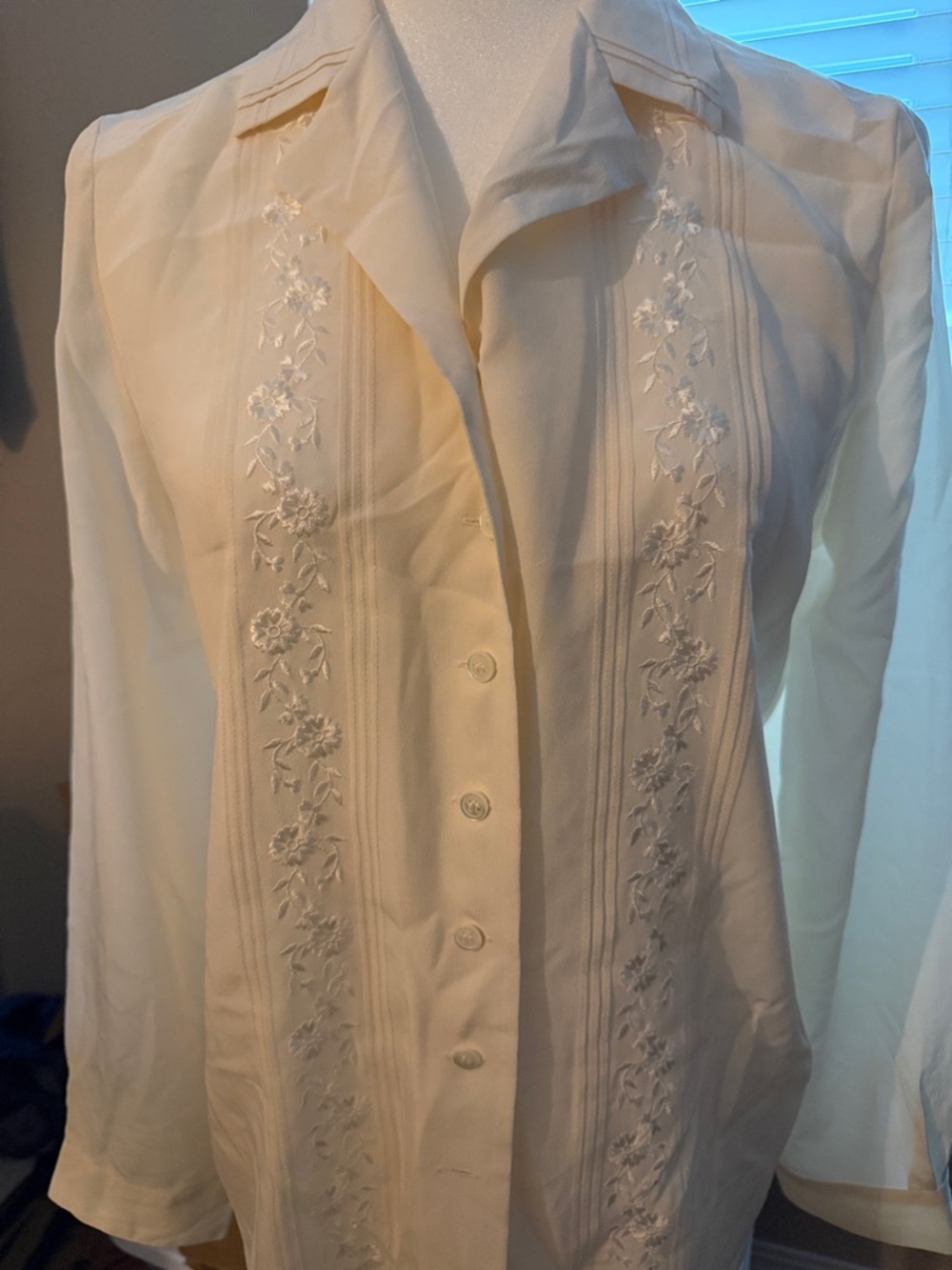 Vintage Laura Ashley100% Silk Cream Embroidered Button-Down Blouse